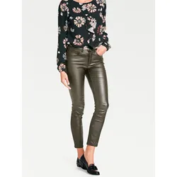 Röhrenhose HEINE, Damen, Gr. 22, Kurzgrößen, grün (khaki), 76% Viskose, 21% Polyamid, 3% Elasthan, Miedereinsatz:15% Elasthan, 85% Polyamid, unifarben, lang, Hosen