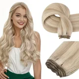 Easyouth Tressen Echthaar Extensions Remy Haartressen Echthaar Blond 50 cm Tressen Echthaar Haarverlangerung Aschblond Hervorgehoben mit Gelb Blond 100g #18P613