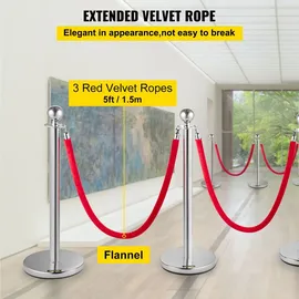 Vevor Edelstahl Absperrpfosten Seil Abgrenzungsständer Kugelkopf 3 Rote Samtseile Silberne Säule 4 Packung Crowd Control Barriers
