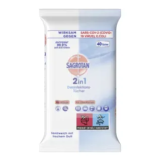 SAGROTAN 2in1 Desinfektionstücher, Feuchttücher zur Hand- und Flächendesinfektion, 1 Packung = 40 Stück
