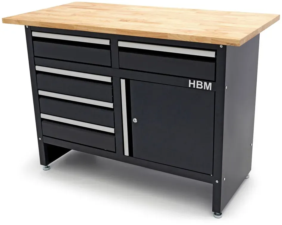 HBM Werkbank 120 cm mit 5 Schubladen und Tür, massive Holzarbeitsplatte, schwarz