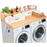 Vevor Arbeitsplatte für Waschmaschine und Trockner (137 x 69,9 cm) mit Ablage & 2 Schubladen & Haken, Geeignet für Wäscheschrank Speisekammer Küchentheke, 113 kg Belastbar, Natürlicher Holzton
