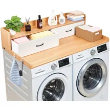 Vevor Arbeitsplatte für Waschmaschine und Trockner (137 x 69,9 cm) mit Ablage & 2 Schubladen & Haken, Geeignet für Wäscheschrank Speisekammer Küchentheke, 113 kg Belastbar, Natürlicher Holzton