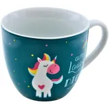 Dekohelden24 Maxi Kaffeebecher/Tasse aus Porzellan, XXL Kaffeepot, Motiv: Einhorn, Gute Laune für Dich, Größe H/Ø: 9,2 x 10,5 cm, Fassungsvermögen 400 ml, Spülmaschinengeeignet