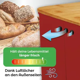 Lumaland Cuisine Brotkasten aus Metall mit Bambus Deckel | Brotbox rechteckig 30,5 x 23,5 x 14 cm | 2in1 Brotbehälter & Schneidebrett [Rot]