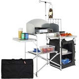 Vevor Campingküche Outdoor Faltbar 78 x 49 x 13 cm, Alu Campingschrank, Camping Küche mit Windschutz, Campingmöbel Reiseküche inkl. Haken & Lampenmast