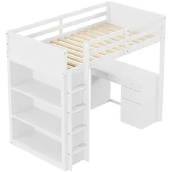 OKWISH Hochbett 90×200 cm mit Stauraum Computertisch Modulbauweise Platzsparend Lattenrost Weiß Holz robust modernes Design