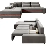 Juskys Sofa Davos Links - Ecksofa mit Schlaffunktion Bettkasten, & LEDs - Hellgrau