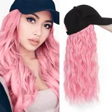 TESS Extensions mit Baseball Cap 40 cm, Pink Cap mit Haaren Damen Kurz Gewellt, Verstellbar, Mottoparty, Karneval Hat Perücken für Frauen Mütze mit Haaren