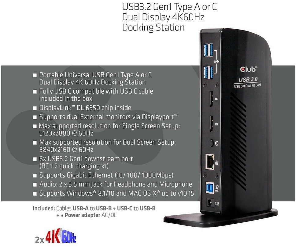 CLUB3D Laptop-Dockingstation CLUB3D Club 3D USB Typ C Gen1 Universelle Triple 4K Docking Station mi