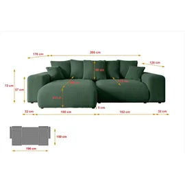 altdecor Ecksofa Cord mit Schlaffunktion 2-Sitzer Grün