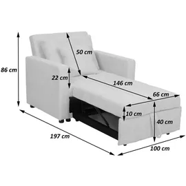 MCW Schlafsessel MCW-L90 Cord 200 x 100 x 70 cm Grau mit Schlaffunktion