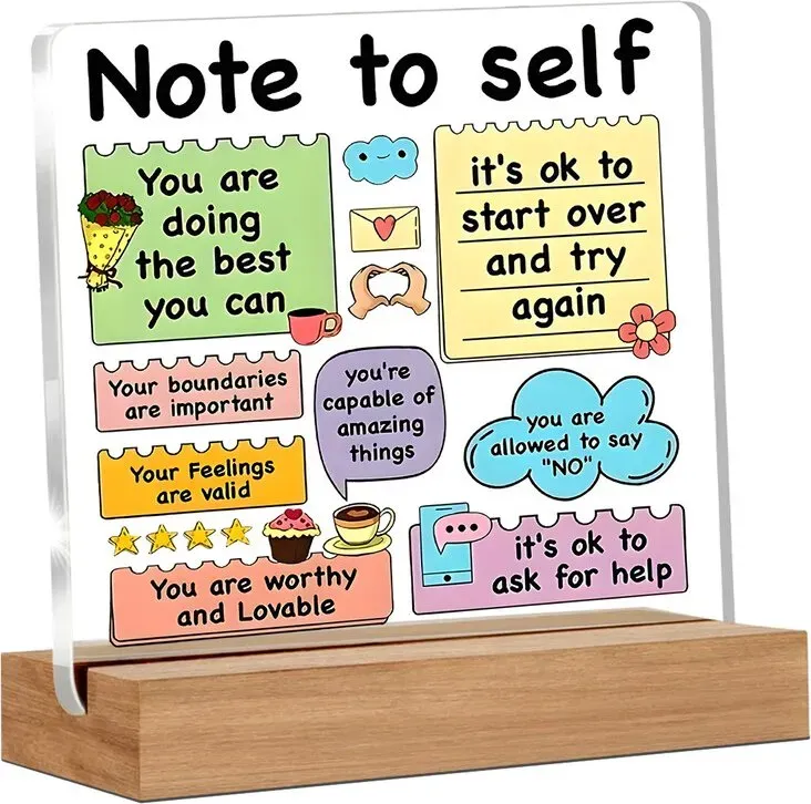 Alphynix „Note to Self“ Acryl-Plakette, Stand auf Holzbasis mit farbigen Affirmations wie „Du bist wertvoll“ & „Es ist in Ordnung, um Hilfe zu fragen“, Mental-Wellness-Schreibtisch-Dekor, 1 Stück