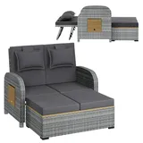 STEELSØN Caelum Sonnenliege mit Kissen Grau – Rattan Loungebett verstellbare Rückenlehne – Doppelliege ausklappbare Seitentische – Gartenliege wetterfest – Sonnenbett 2 Personen – mit Liegefunktion