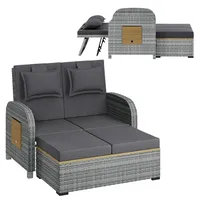 STEELSØN Caelum Sonnenliege mit Kissen Grau – Rattan Loungebett verstellbare Rückenlehne – Doppelliege ausklappbare Seitentische – Gartenliege wetterfest – Sonnenbett 2 Personen – mit Liegefunktion