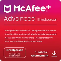 McAfee+ Advanced Einzelperson, Antivirus und Internet-Sicherheitssoftware für eine unbegrenzte Anzahl an Geräten, 1-Jahres-Abo - [Multiplattform]