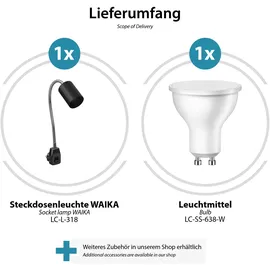 ledscom.de GU10 Steckdosenlampe WAIKA Schwanenhals, Schalter, schwarz inkl. GU10 LED 3-Stufen dimmbar weiß