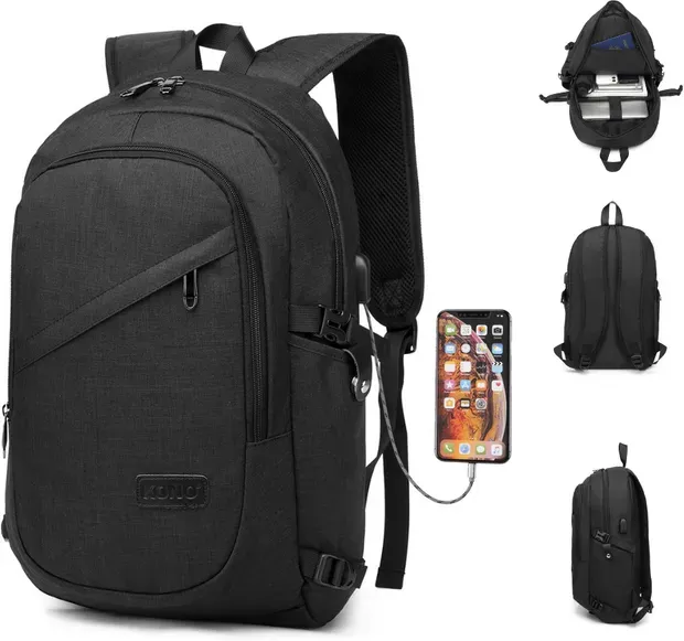 Kono Laptop-Rucksack Anti-Diebstahl-Reise-Business-Computer-Rucksack Arbeitstasche mit USB-Ladeanschluss Leichter Laptop-Rucksack Wasserdichter Schultasche für Männer und Frauen für 15,6 Zoll (Schwarz)