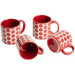 Benetton - Set mit 4 Steingutbechern, 360 ml, rote Punkte, rote Punkte