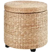 Homcom Sitzhocker mit Stauraum Deckel Abnehmbar Stroh Rattan Khaki Ø43 x 43cm