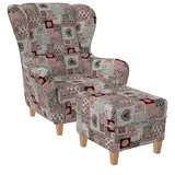 Supellex Sofia Ohrensessel mit Hocker Design Patchwork Ornamente, Herz Rot