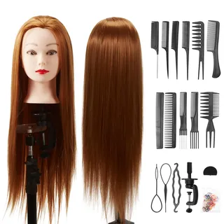 Trintion Frisierkopf Trainingsköpfe Übungskopf Friseur 28" Synthetik Haar Trainingskopf Frisurenkopf Puppenkopf Frisierkopf Halter mit DIY Haar Zubehör Styling Set (28" Braun+Kammset)