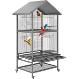 PortoAlegre Große Vogelkäfig, Papageienkäfig in Metalldachform mit 4 Arretierbaren Leisen Rollen, Abnehmbarem Tablett und Futtertrögen, Leicht zu Reinigendem Metall Außenvoliere Vögel,80x60x167cm