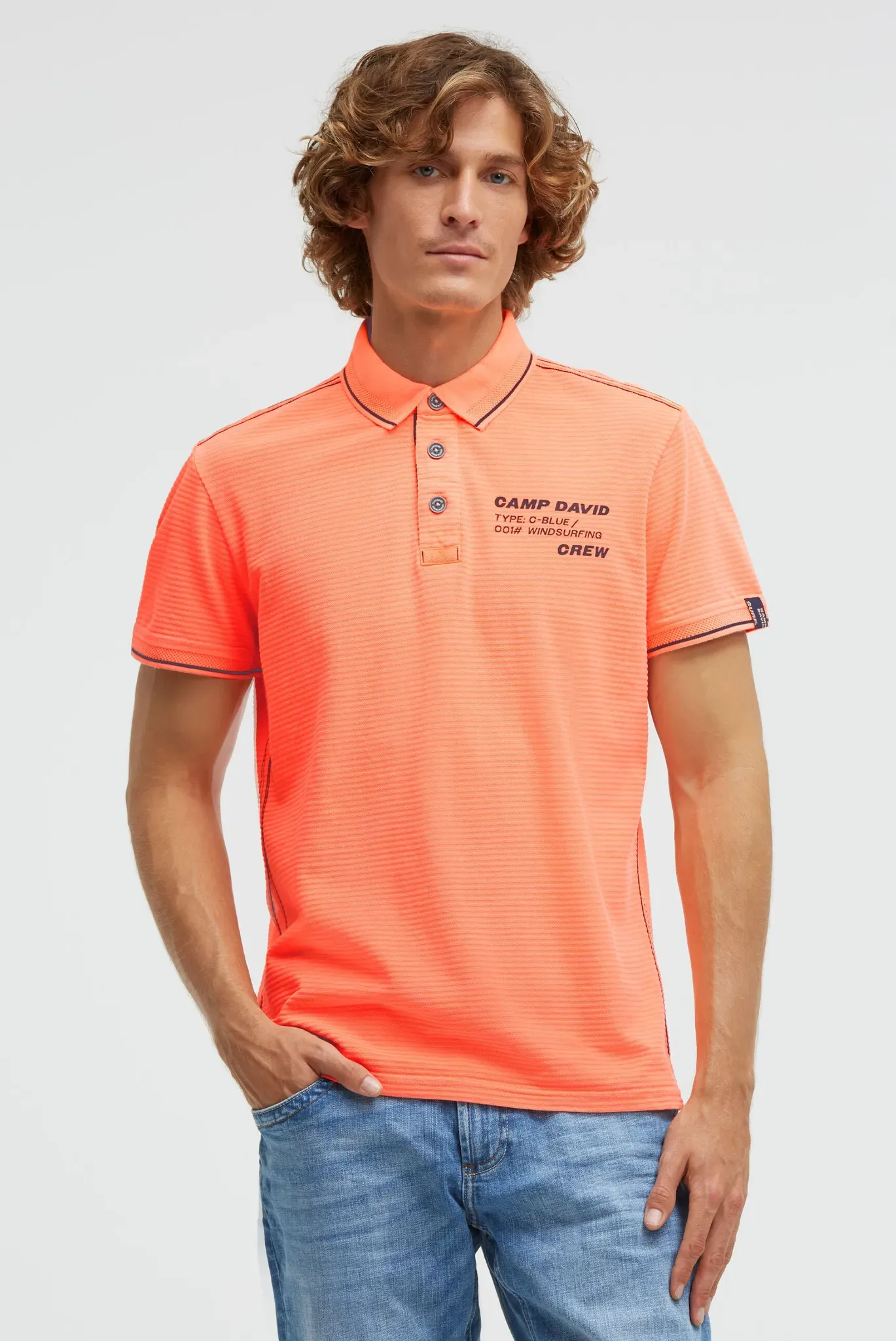 Poloshirt CAMP DAVID, Herren, Gr. L, orange (neon flame), Piqué, Material: 100% Baumwolle, Strukturmuster, bedruckt, regular fit normal, hoch geschlossener Ausschnitt, eingesetzt Bündchen, Shirts, mit Kontrastnähten