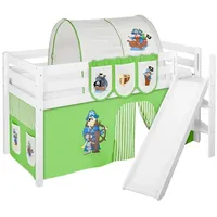 Spielbett JELLE 90 x 190 cm Pirat Grün Beige - Hochbett LILOKIDS - Weiß - mit schräger Rutsche und Vorhang - Weiß/Grün/Beige