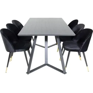 VCM Ebuy24, Essgruppe Esstisch schwarz und 6 Velvet Esszimmerstühle Velour schwarz, Messing dekor.