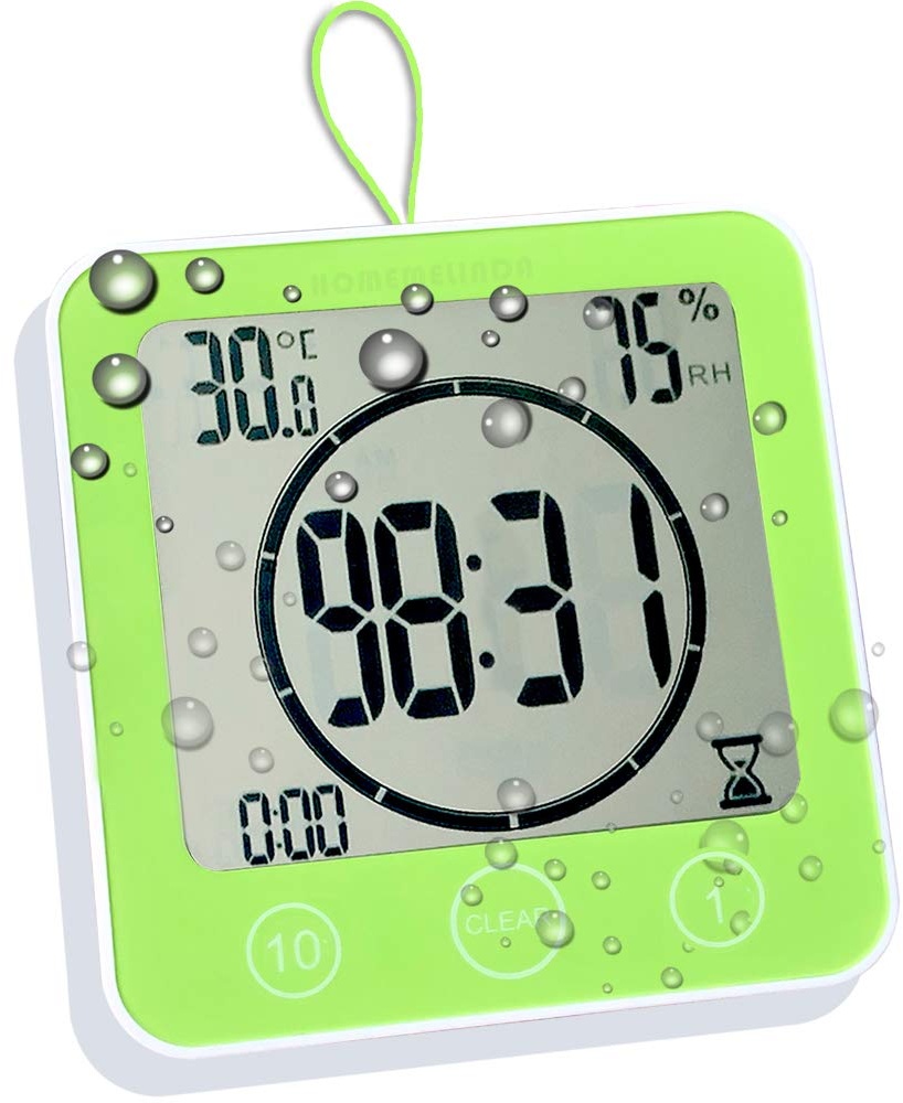 BALDR Wasserdichte Badezimmer-Wanduhr, Thermometer, Hygrometer, Timer, mit Saugnapf, Grün