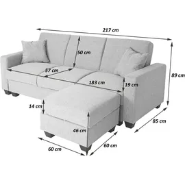 MCW Sofa mit Ottomane, Couch Sofa Gästebett, Schlaffunktion Stauraum 217x145cm ~ Bettsofa, H47