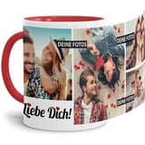 Tassendruck Fototasse mit Spruch - Ich Liebe Dich - zum Selbst gestalten personalisiert mit 4 Fotos, Innen & Henkel Rot, 300 ml