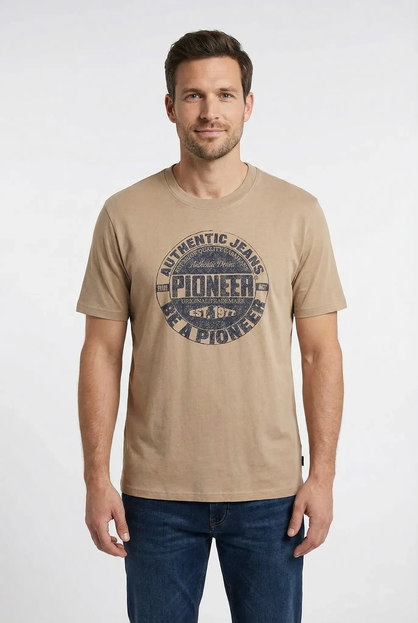 T-Shirt, Herren, Gr. XL, sand, Jersey, Obermaterial: 100% Baumwolle, PIONEER AUTHENTIC JEANS, normal normal, Rundhals, Shirts T-Shirt, in normaler Passform