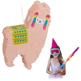 Relaxdays 2 x Lama Pinata, zum Aufhängen, Kinder, Jungen & Mädchen, Geburtstag, zum Befüllen, Pinata Alpaka, Lachsfarben