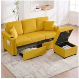 BlingBin Sofa Loungesofa mit LED-Beleuchtung & USB-C-Port, mit 2 Schubladen Stauraum-Fußteil, Getränkehaltern und Seitentaschen 1 Teile, für Wohnzimmer, Schlafzimmer, Büro gelb