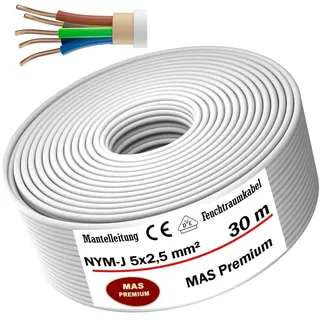 MAS Premium Feuchtraumkabel Stromkabel 5-200m Mantelleitung NYM-J 3x1, 5 2,5 4 6 10 oder 5x1,5 2,5 4 6 10 16 Elektrokabel für feste Verlegung (NYM-J 5x2,5 mm2, 30m)