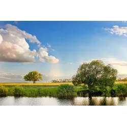 Fototapete PAPERMOON "Fluss bei Feldern", bunt, B:3,50m L:2,60m, Vlies, Tapeten