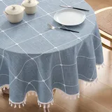 ZeeMart Boho-Tischdecke mit Quasten (Blau, 152,4 cm rund), schweres Leinen, kariert, bestickt, Bauernhaus-Tischdecke, wasserabweisend, rund, staubblaue Tischdecken