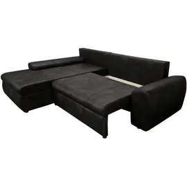 luma-home Ecksofa mit Schlaffunktion und Bettkasten 266/186/90 cm, Ottomane links, Mikrofaser Leder-Optik Schwarz 18016