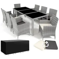 tectake Sitzgruppe Aluminium Rattan Gartenlounge mit Bezügen, inklusive Schutzhülle, (Loungeset Menorca, 9-tlg., für Außen in Hellgrau), wetterfest und UV-beständig, mit Sicherheitsglasplatten, pflegeleicht grau