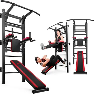HS HOP-SPORT Sprossenwand mit Dip-Station, Klimmzugstange und Sit Up Bank, mit Dip Bar & Schwarz/Rot