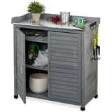 Relaxdays Pflanztisch mit Unterschrank, 3 Haken, Holz, Zinn Arbeitsplatte, HxBxT: 92 x 90 x 45 cm, Gartenschrank, grau