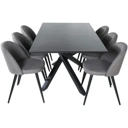 PiazzaBLBL Essgruppe Esstisch schwarz und 6 Velvet Stitches Esszimmerstühle grau.