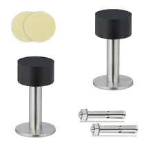 Relaxdays Türstopper, 2er Set, selbstklebend o. zum Schrauben, Edelstahl & Gummi, Boden- & Wandpuffer, schwarz/silber