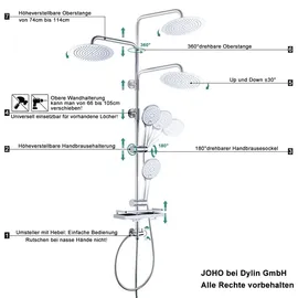 dylin gmbh JOHO Regendusche Duschsystem ohne Armatur, Rain Shower Duschset Überkopfbrauseset aus Edelstahl mit Ablage Chrom(Kopfbrause D20 Rund) - Silber