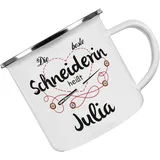 Crealuxe Emaille Tasse - Die beste Schneiderin heißt 'Name' - Kaffeetasse mit Motiv, Campingtasse, bedruckte Emailletasse mit Wunschtext, Spruch, Foto/Bild, Tasse personalisiert mit Name