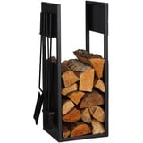 Relaxdays Relaxdays, schwarz Kaminholzregal mit Besteck, Metall, HBT: 76,5x36x30 cm, Brennholzregal innen, Holzscheite & Brennholz, Eisen, Aluminium, Jute