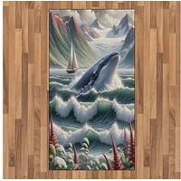 Teppich Flachgewebe Deko-Teppiche für das Wohn-,Schlaf-, und Essenszimmer, Abakuhaus, rechteckig, Nautisch Wal, Berge und Boot blau|grün 80 cm x 150 cm