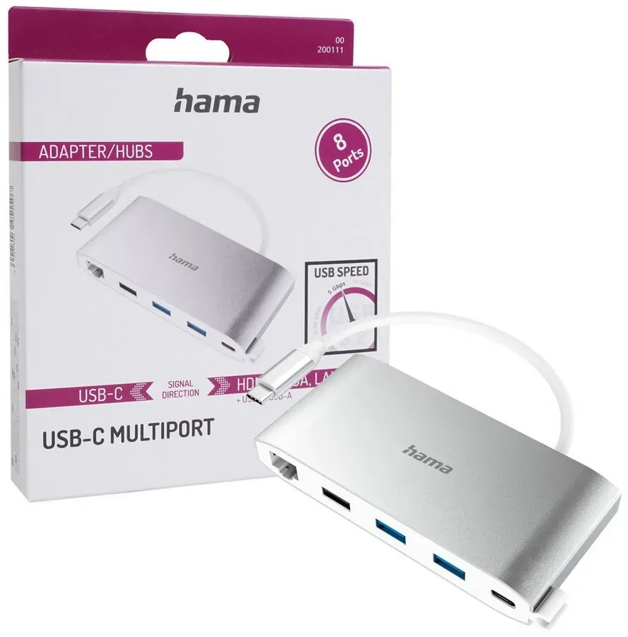 Hama USB-C 3.2 USB-Hub 8-Port USB-Adapter Multiport USB-Kabel, SuperSpeed USB 3.2 4K HDMI-Ausgang VGA USB-Verteiler LAN Monitor TV PC silberfarben